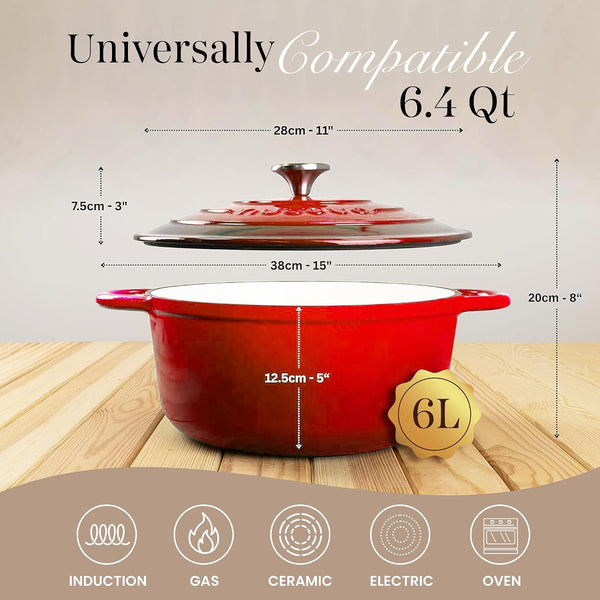 Enamelled Cast Iron Dutch Oven Pot with Lid-6.4 Quart Non Stick Casserole Pot-Heavy Duty & Oven Safe up to 500° F for Bread Baking, Braising, Stews, Roasting - 28Cm Red2