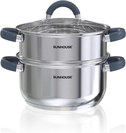 : 3 Quart Stainless Steel Steamer Pot - 2-Tier Cookware, Tempered Glass Lid, Stay-Cool Silicone Handles, 3-Ply Bottom, Dishwasher & Oven Safe | Steaming Pot with Glass Lid & Steamer Basket1