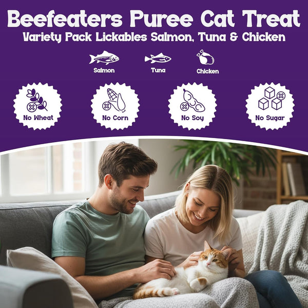 Beefeaters Lickable Cat Treats 48 Count – Puree Squeeze up Tubes Variety Pack (Salmon, Tuna & Chicken) | Grain Free, Taurine Enriched, High Moisture for Picky Eaters | Cat Treat Topper or Snack3
