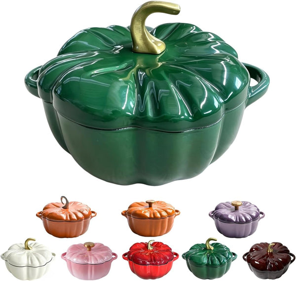 2026 New Pumpkin Dutch Oven - 1.6/2/4QT Enameled Pumpkin Cast Iron Dutch Oven Pot with Lid, Oven & Stove Safe for Soup Stew Baking Casserole (Green,4 QT)1