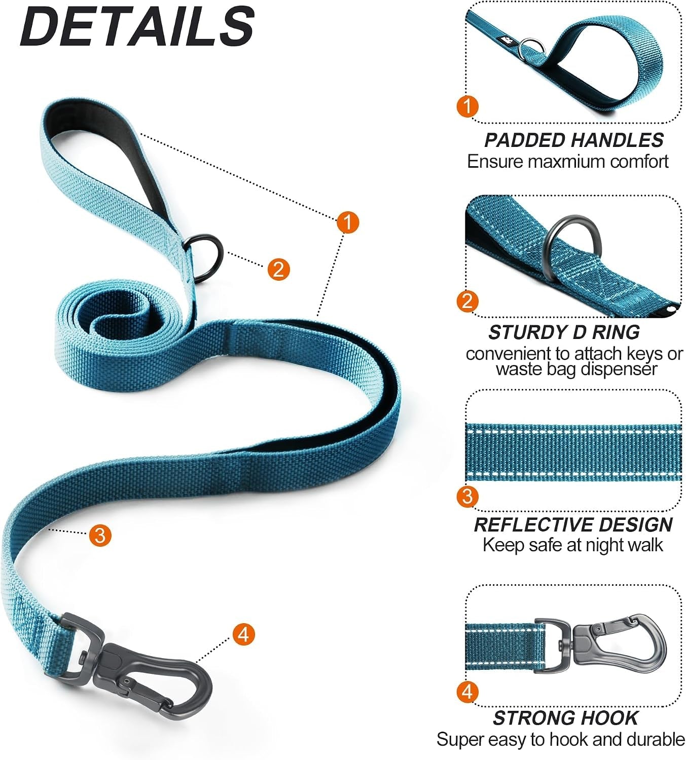 twoear-6ft-1in-strong-blue-dog-leash-with-2-padded-handles-traffic-handle-extra-control-comfortable-soft-dual-handle-auto-lock-hook-reflective-walking-lead-for-small-medium-and-large-dogs