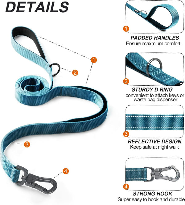 Twoear 6FT 1IN Strong Blue Dog Leash with 2 Padded Handles, Traffic Handle Extra Control, Comfortable Soft Dual Handle, Auto Lock Hook, Reflective Walking Lead for Small Medium and Large Dogs2
