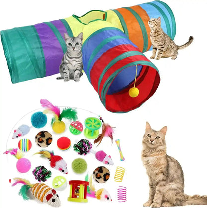 32Pcs Cat Toys Kitten Interactive Pet Toys Assortments, Foldable Rainbow Tunnel, Teaser Wand Fluffy Mouse Crinkle Balls Bell Play for Puppy Kitty (3 Way)1