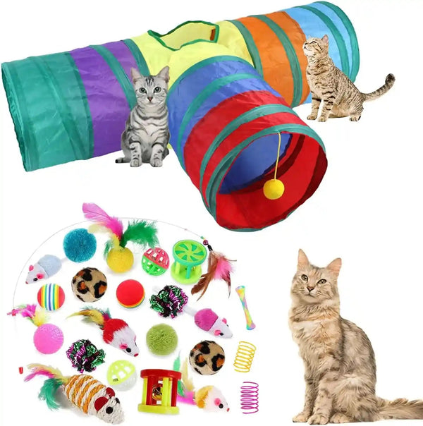 32Pcs Cat Toys Kitten Interactive Pet Toys Assortments, Foldable Rainbow Tunnel, Teaser Wand Fluffy Mouse Crinkle Balls Bell Play for Puppy Kitty (3 Way)1