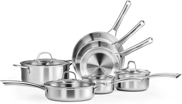 11-Pcs Stainless Steel Cookware Set, Tri-Ply Pots and Pans Set, Non-Toxic Kitchen Set, PFOA & PTFE Free, Full Clad Frying Pans, Saucepans, Saute Pan & Stock Pot, Compatible for All Cooktops1