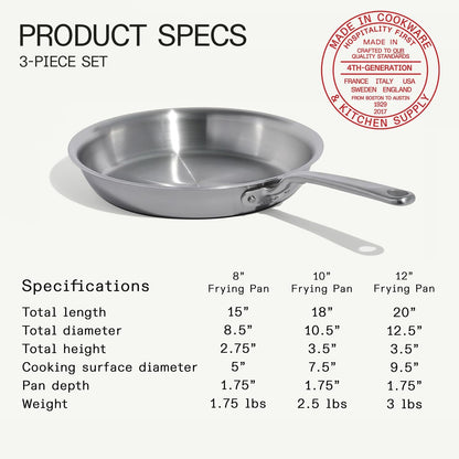 Made in Cookware - 3-Piece (Includes 8",10",12") Stainless Frying Pan Set - 5 Ply Stainless Clad - Professional Cookware - Crafted in Italy - Induction Compatible3