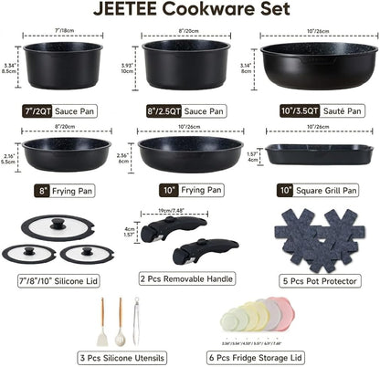 Cookware Set (6 Essential Pots & 19 Accessories), Nonstick Pots and Pans with Detachable Handle for Induction Cooking, RV Kitchen Space Saving, PFAS Free, Black2