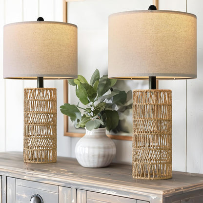 22.5" Boho Table Lamps Set of 2 for Living Room, Bedside Lamp for Nightstands, Rattan Lamp for Bedroom, Farmhouse Table Lamp for Room Decor, End Table, Retro, Brown（Not Include Bulbs）1