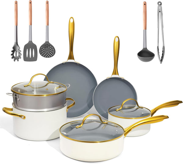 Ceramic Cookware Set,Healthy,Non Toxic,Pots and Pans Set Non Stick,14-Pcs Kitchen Induction Cooking Sets, Nonstick Pot and Pan Set with Silicione Utensils,Pfos/Pfoa Free,Cream and Gold1