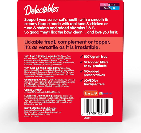 Delectables Lickable Treat Bisque Senior 10+ Wet Cat Treat Variety Pack, Food Topper, Hydrating, Grain-Free, No Fillers, No By-Products, No Added Preservatives, 1.4Oz Pouch, 12Ct8