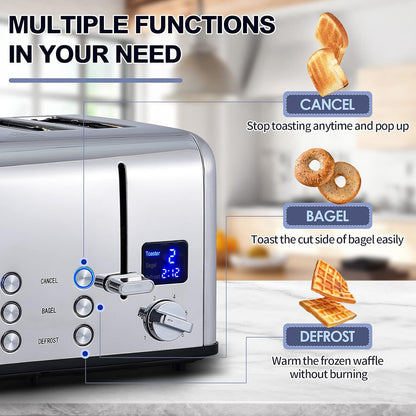 4 Slice Stainless Steel Toaster with Digital Display, Silver | LED Display with Countdown Timer, 6 Browning Levels, Bagel/Defrost/Cancel, Dual Independent Controls, 1.5" Extra Wide Slots6