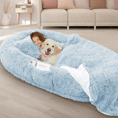ROOMTEC Human Dog Bed, 71''X45''X12'' Size Fits Adult and Pet Washable Giant People Bed 10 CM Thick Memory Foam Large Oversize Pet Bed with Plump Pillow, Blanket, Strap - Grey8