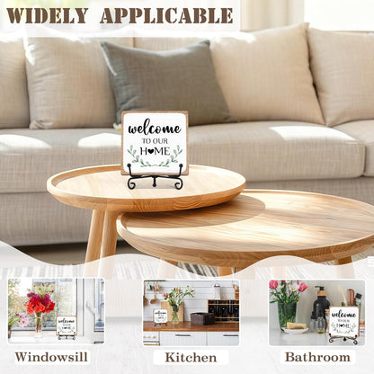 Welcome to Our Home Sign Decor, Rustic Home Kitchen Wooden Sign with Iron Stand, Housewarming Gift for Living Room Bedroom Bathroom Shelf Table - A046