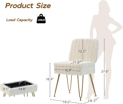 Vanity Chair with Storage | Comfy Ottoman with Folding Back | Faux Fur Vanity Stool with 4 Metal Legs for Make up | Furry Padded Seat with Anti-Slip Feet for Bedroom Dressing Room | White3