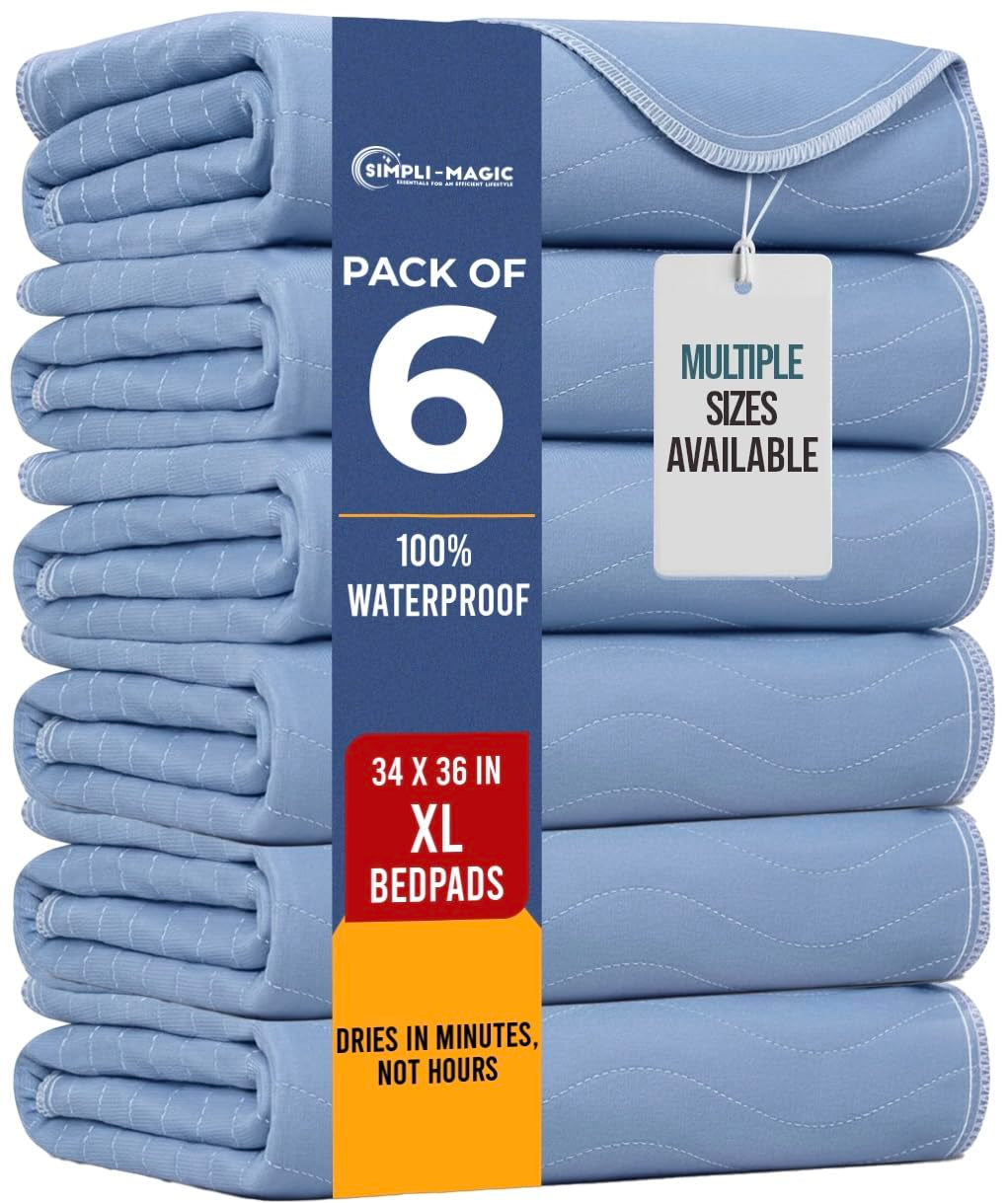 simpli-magic-washable-underpads-34x36-pack-of-6-heavy-absorbency-reusable-bedwetting-incontinence-pads-for-kids-adults-elderly-and-pets-waterproof-protective-pad-for-bed-couch-sofa-floor