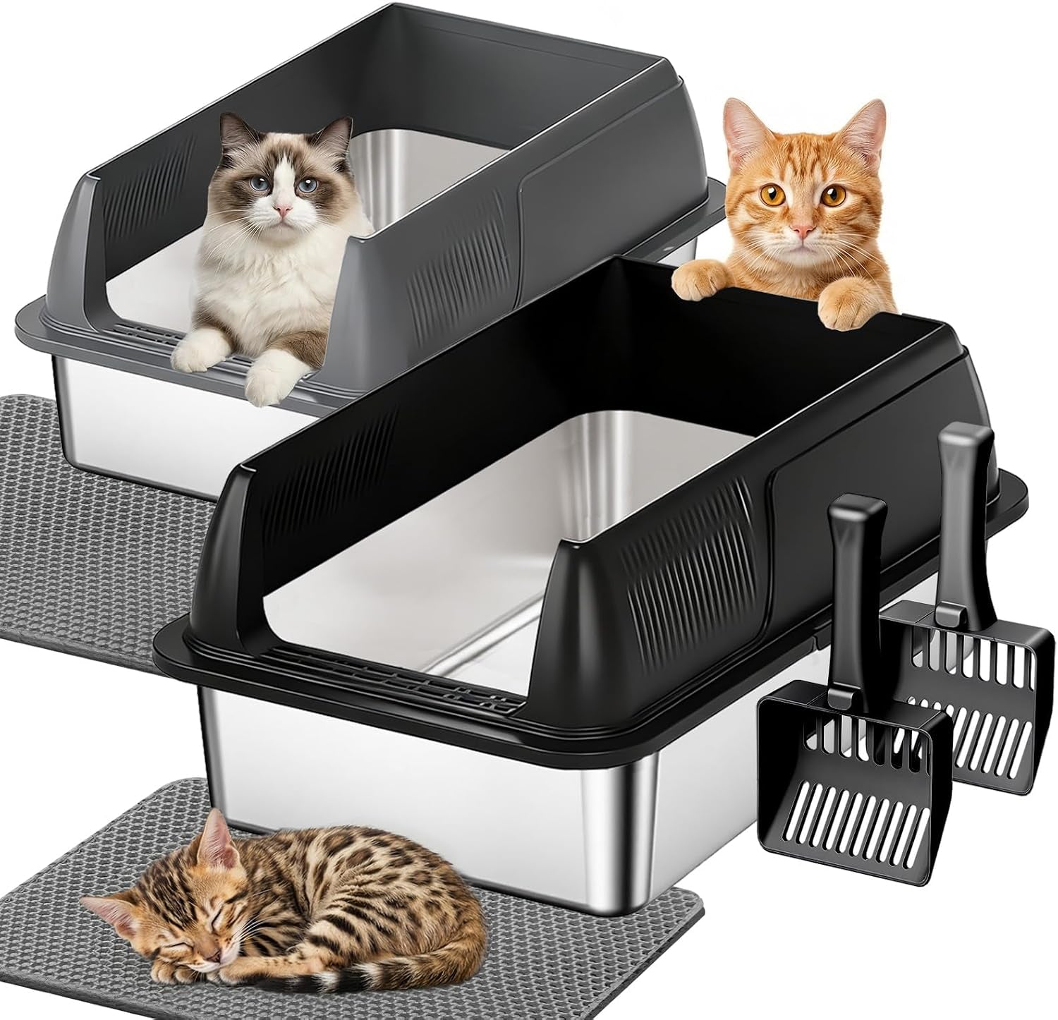 gimars-2-pack-xl-stainless-steel-cat-litter-box-for-big-senior-cats-multi-cat-metal-litter-pan-with-high-sides-odor-resistant-easy-clean-includes-litter-scoop-litter-mat-anti-slip-pads