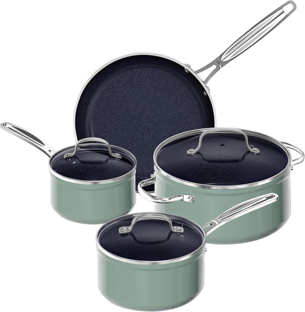 7Pc Cookware Set Healthy Duralon Blue Ceramic Nonstick Coated | Diamond Infused Scratch-Resistant, PFAS Free, Oven Safe, Induction Ready, Evenly Heats, Tempered Glass Lids, Stay-Cool Handle1