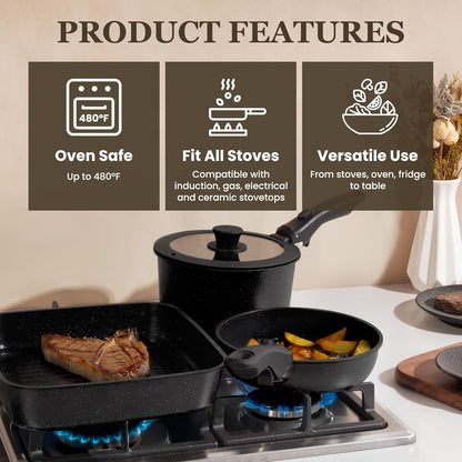 22 Pack Nonstick Pots and Pans Set,  Cookware Set with Detachable Handle, Kitchen Cooking Pans Set with Frying Pan, Grill Pan - Stackable for RV Kitchen, Induction Ready, Dishwasher/Oven Safe4