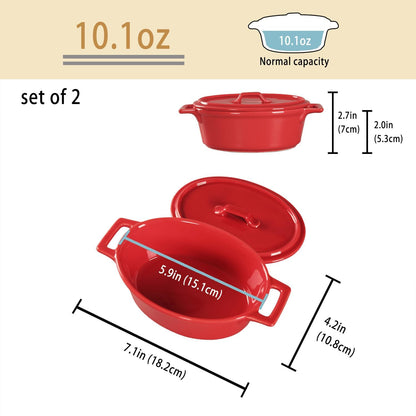 Ceramic Mini Oval Cocotte Set, 10 Ounces Small Casserole Dishes with Lids and Handles, Individual Baking Ramekins, Oven, Microwave & Dishwasher Safe, Red 7.1 Inch2