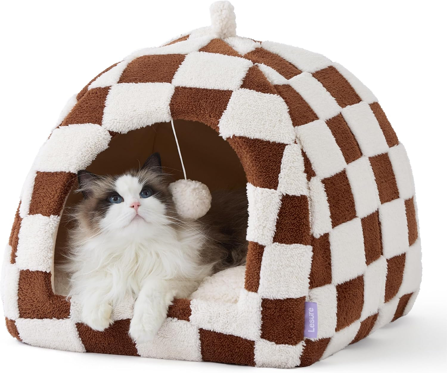lesure-2in1-cute-cat-house-for-kitten-with-washable-cushioned-pillow-16in-cat-beds-for-indoor-cats-small-pet-cave-tent-cozy-enclosed-foldable-hideaway-fluffy-ball-anti-slip-bottom-hand-strap-purple