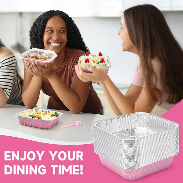 (35 Pack)Pink 8X8 Inch Disposable Aluminum Foil Pans&Square Cake Pans for Parties, Clear Plastic Lids,Eco-Friendly Baking Trays with Stickers&Cake Spoons,Picnics,Casseroles,Takeout,Recyclable Cookware7