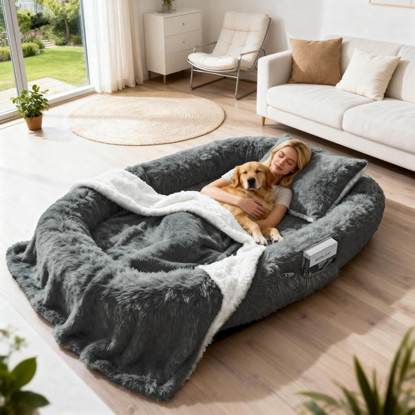 71" Human Dog Bed for Adult, Giant Orthopedic Memory Foam Dog Sofa Bed, Large Oversize Washable Faux Fur Pet Couch with Plump Pillow, Blanket, Strap - Dark Grey1