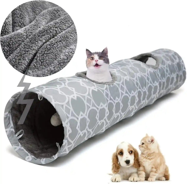 Geometric Straight Cat Tunnel with Plush Inside,Cats Toys Collapsible Tunnel Tube with Balls, for Rabbits, Kittens, Ferrets,Puppy, Diameter 9.8 Inch1