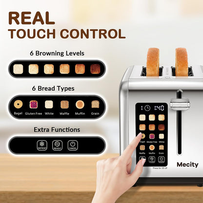 2 Slice Toaster Touch Screen 1.5" Wide Slot, Stainless Steel Smart Bread Toaster for Bagel Muffin Waffle Gluten Free Breads, Timer, Defrost, Reheat, 120V 825W2