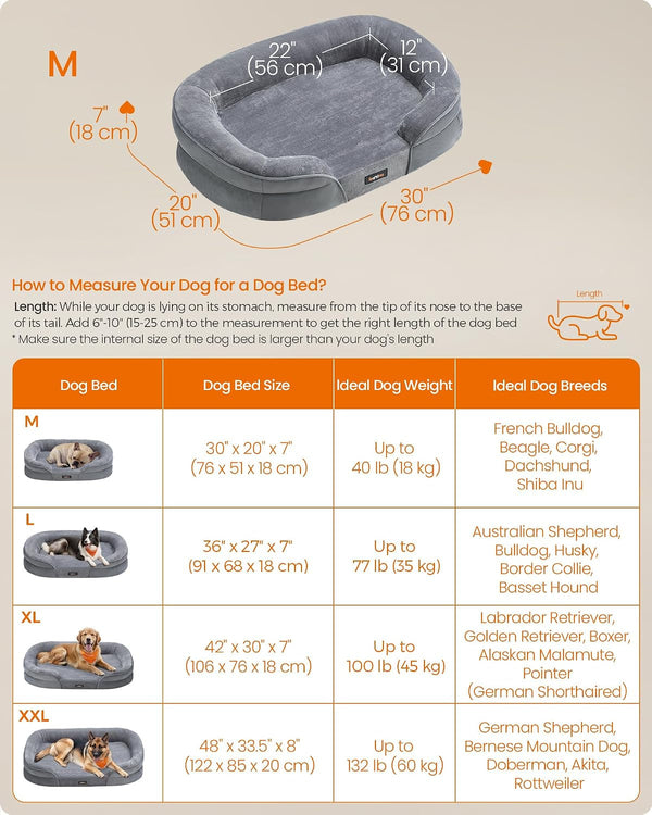 Feandrea Dog Bed, Medium Orthopaedic Dog Sofa Bed, 30 X 20 X 7 Inches, Egg Crate Foam, Waterproof Liner, Raised Edges, Removable and Machine Washable Cover, Non-Slip, Light Gray UPGW281G016