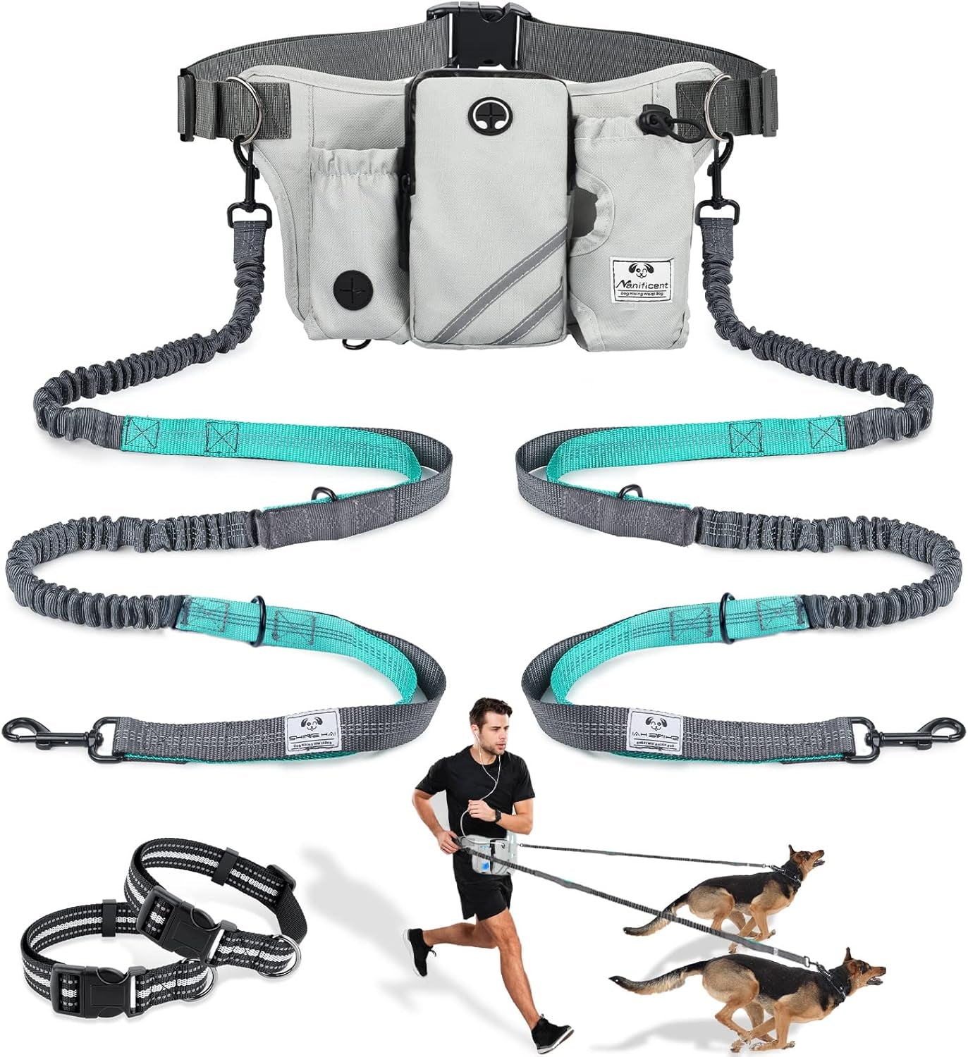 shine-hai-retractable-hands-free-dog-leash-with-dual-bungees-for-2-dogs-adjustable-waist-belt-fanny-pack-reflective-stitching-leash-for-running-walking-hiking-jogging-biking-black