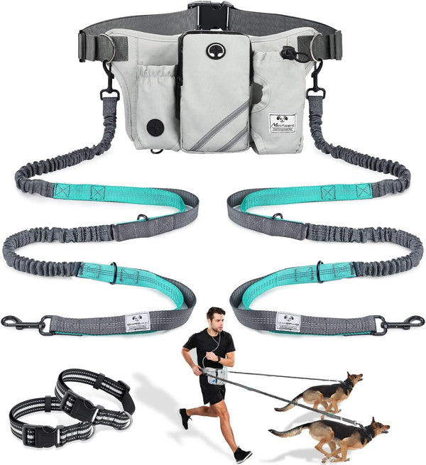 SHINE HAI Retractable Hands Free Dog Leash with Dual Bungees for 2 Dogs, Adjustable Waist Belt Fanny Pack, Reflective Stitching Leash for Running Walking Hiking Jogging Biking Black9