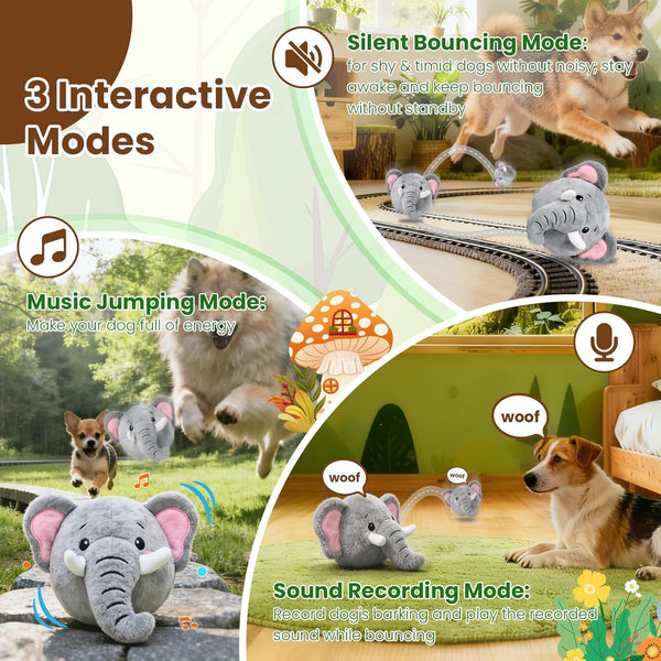 Interactive Dog Toys, Self Moving Dog Toy with Squeaky Bouncing Ball & Jumping Music Recording Mode, Rechargeable Vibrating Dogs Toy for Small Medium Large Dogs to Keep Them Busy (Elephant)2