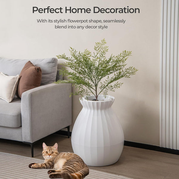 Giantex Cat Litter Box Plant - Hidden Litter Box Furniture with Electronic Odor Removal System, Detachable Door Curtain, Scoop, Cat Litter Box Enclosure Planter Home Decor, Easy to Clean (White)2