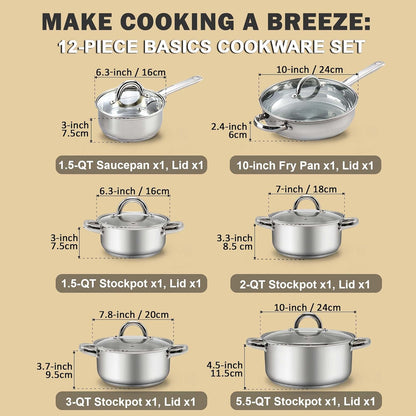 Kitchen Cookware Sets, 12-Piece Basic Stainless Steel Pots and Pans, Silver | Stay-Cool Handle, Induction Compatible, Dishwasher and Oven Safe2