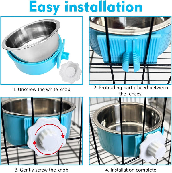 Kathson Crate Dog Bowl, Removable Stainless Steel Hanging Pet Kennel Cage Bowl Food & Water Feeder Coop Cup for Puppy, Cat, Rabbit, Guinea Pigs Ferret Bird (2 PCS, Size: M, Blue and Green)4