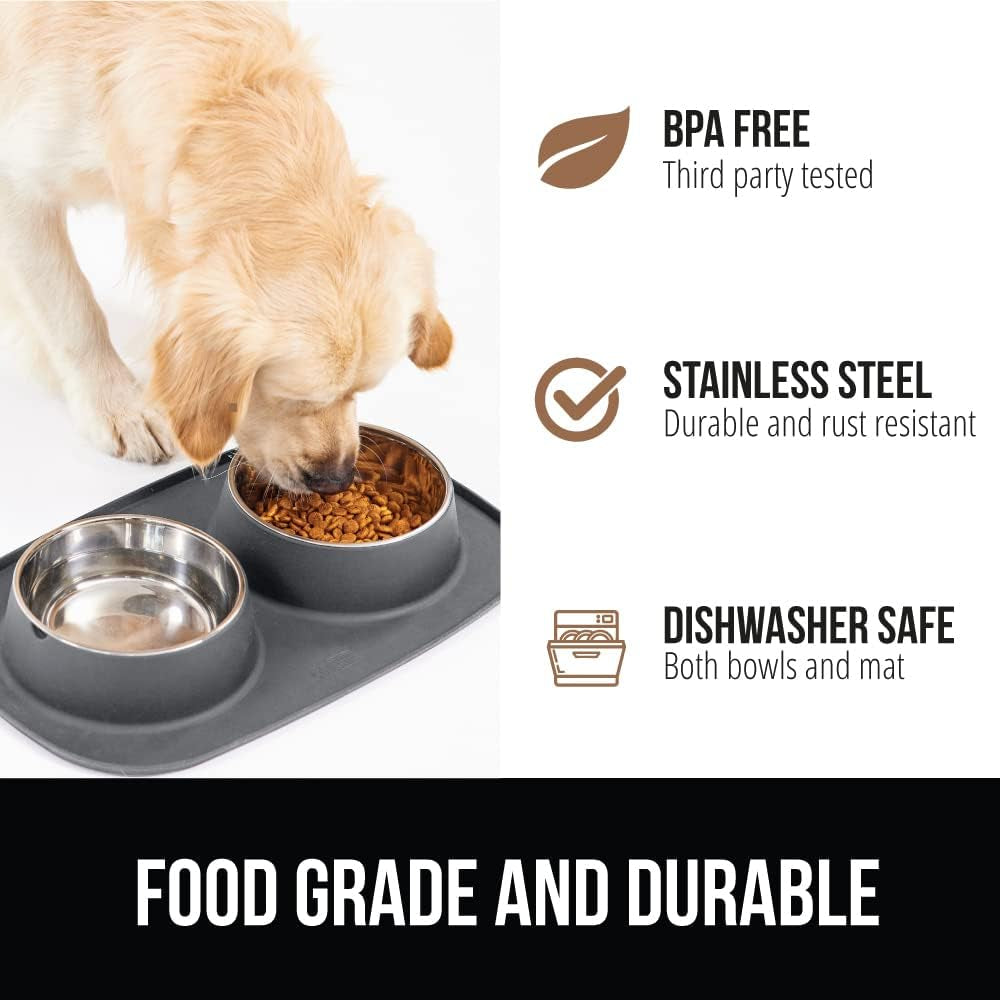 gorilla-grip-patented-dog-bowl-set-with-slip-resistant-silicone-feeding-mat-food-grade-304-stainless-steel-bowls-bpa-free-high-edge-spill-containment-dishwasher-safe-finger-notch-removal-2-cup-gray
