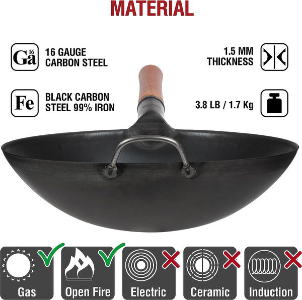 Carbon Steel Wok Pan 14“ + 17’’ Wok Spatula and Ladle + Premium Wok Cover 14 Inch Pan Lid5
