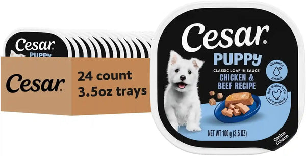 Cesar Puppy Classic Loaf Wet Dog Food, Chicken & Beef, 3.5 Oz, 24 Count | Real Chicken #1 Ingredient, Made in USA, No Fillers or Artificial Flavors, Essential Nutrients, Slow-Cooked, Easy Peel Trays1