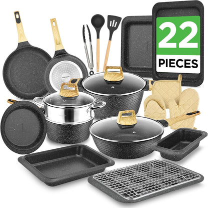 22 Pc Cookware and Bakeware Set, Multi Sized Non Stick Pans Set | PFOA/ PFOS Free, High Quality Aluminum, Includes Fry Pans, Utensils, Gass Lids, Induction, Gas & Electric Cooktops Compatible1