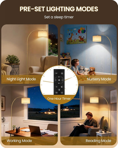 75" Arc Floor Lamp with Marble Base and Adjustable Height, Rotating Hanging Shade, Dimmable Gold Floor Lamp for Living Room with Remote and Foot Switch, 3 Color Temperatures, Timer, DE15LD057