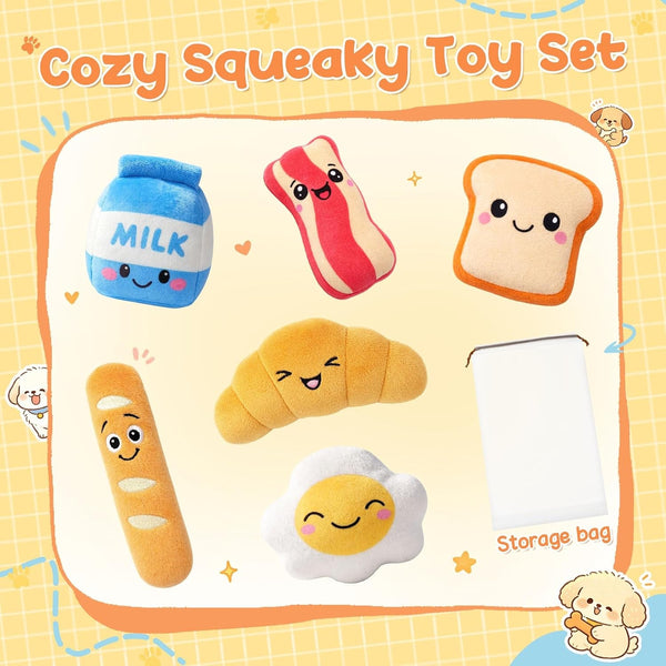 KIPRITII Dog Squeaky Toys for Small Dogs, Breakfast-Themed Puppy Toys to Keep Them Busy, Plush Toys with Squeaker for Interactive Play, Includes Storage Bag2