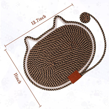2 PC Cat Scratcher Mat - Natural Cotton Rope Oval Horizontal Scratch Pad (11''X13.7'') with Dangling Ball Toy, Cat Ear Design, Furniture Protector for Floor/Wall, Durable Handmade (Balck, 2 PC)2