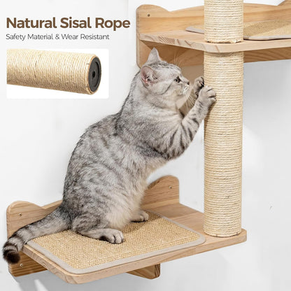 Cat Wall Shelves, 2-Tier Cat Shelves with Sisal Scratching Post, Sisal Mat Solid Pine Wood Wall Mounted Cat Climbing Furniture, Modular Design2