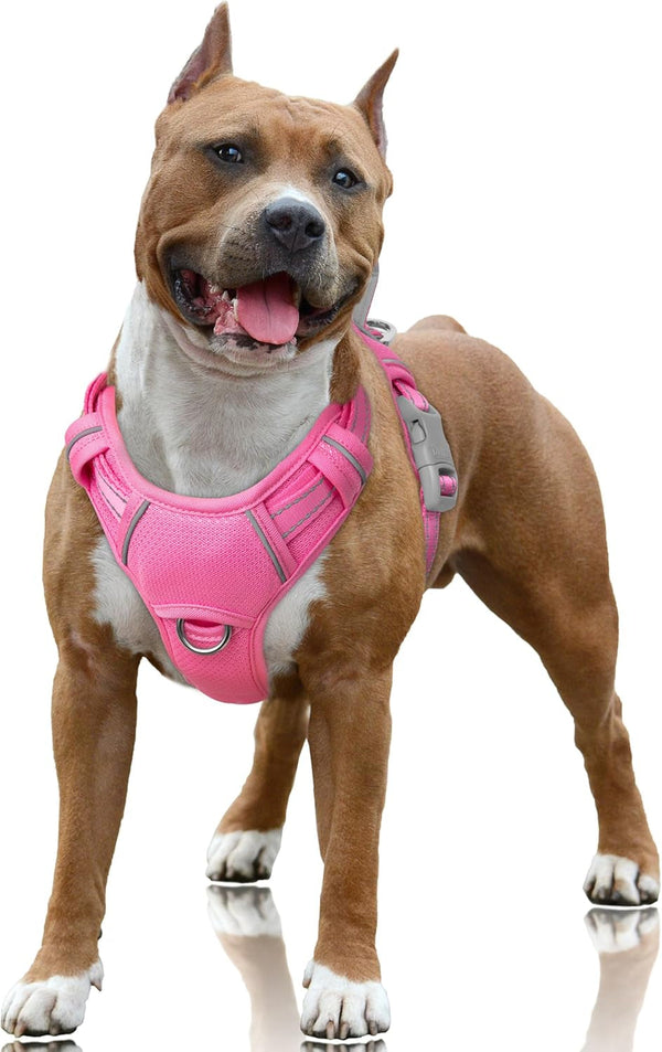 BARKBAY No Pull Dog Harness Large Reflective Dog Harness with Front Clip and Easy Control Handle for Walking Training Running with ID Tag Pocket(Pink,L)1
