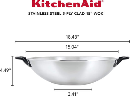 Kitchenaid 5-Ply Clad Stainless Steel Induction Wok Pan, 15-Inch, Polished Stainless Steel2