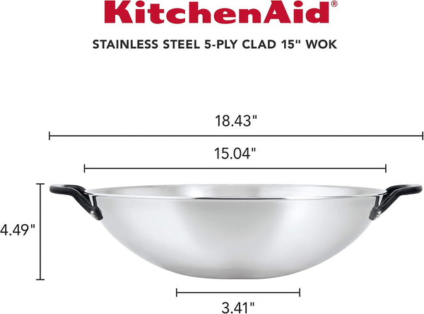 Kitchenaid 5-Ply Clad Stainless Steel Induction Wok Pan, 15-Inch, Polished Stainless Steel2