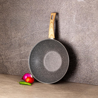 Nonstick Wok Pan 11 Inch Enamel Steel Gray | Induction Compatible, All Stovetop Ready, Even Heat Cooking, Wood-Look Handle, Lightweight Design, Easy Cleanup8