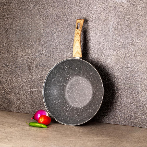 Nonstick Wok Pan 11 Inch Enamel Steel Gray | Induction Compatible, All Stovetop Ready, Even Heat Cooking, Wood-Look Handle, Lightweight Design, Easy Cleanup8