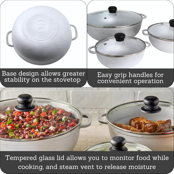 1.5, 2.5 & 5.2 Qt Cast Aluminum Caldero 3 Piece Set with Glass Lid | Polished Finish, Glass Lid with Riveted Handles, Ideal for Rice and Stews, Perfect for Serving Medium and Small Groups2