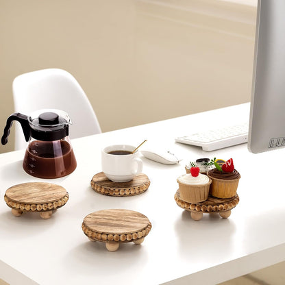 round Wood Risers for Display：2P Beaded Riser Distressed Decor | Stable Wood Coaster-Rustic Farmhouse Pedestal Display Riser for Cake/Plant Stand/ Tiered-Ball Decoration-Raised High Holder5